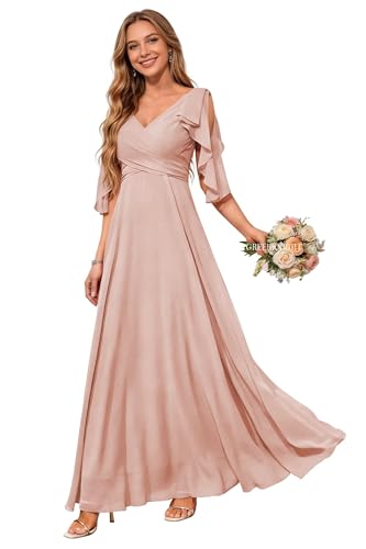 Image of Women Bridesmaid Dresses with Sleeves for Wedding V Neck Chiffon Long A Line Pleated Formal Evening Gown