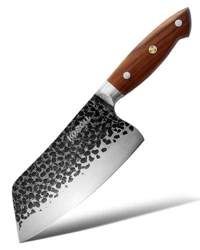 KONOLL Meat Cleaver 7 inch Forged Hammered Kitchen Butcher Chef Knife Japanese AUS-8 High Carbon Steel with solid wood Handle,Butcher knives Vegetable Cutting Knife