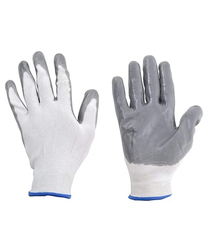 RK Trends Heavy Duty Work Gloves, Nitrile Coated, Multipurpose,White/Grey (Grey-White, Pack of 15 Pairs)