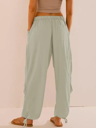 Image of Women's Linen Balloon Barrel Beach Pants Boho Harem Flowy Drawstring Casual Loose Pants with Pockets