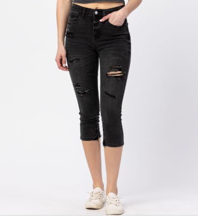 Judy Blue Hi-Waist Destroyed Skinny Capri Jeans in Black - Perfectly Worn-in Look & Feel 82270-2