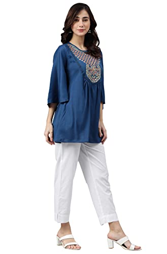 Image of Janasya Women's Blue Rayon Tunic