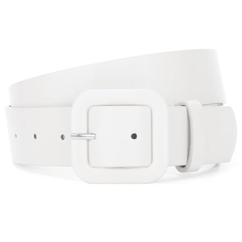 WHIPPY Women Leather Belt Candy Color Fashion Square Buckle Belt Ladies Belt for Jeans Pants Dresses, White, M