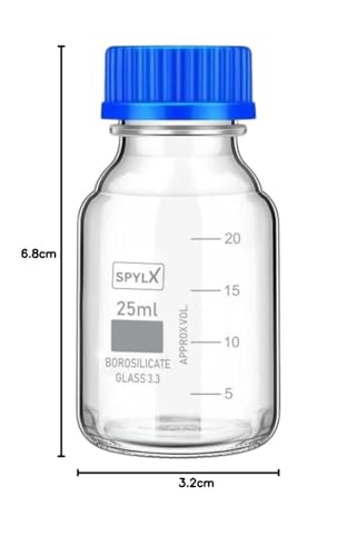 Image of Borosilicate Glass reagent bottle 25ml with leak proof Blue Screw Cap pack of 1 for glassware wide mouth chemical bottles for lab, laboratory, kitchen and professional use