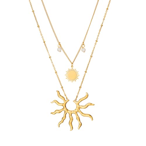 Gold Necklace for Women, Dainty 14K Gold Plated Layered Sun Pendant Necklace Gold Charm Chocker Jewelry Gift for Her