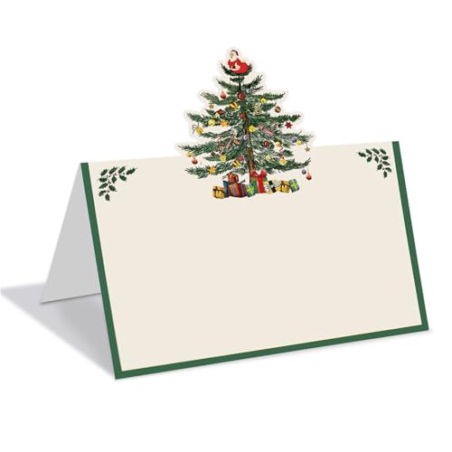100Pcs Christmas Place Cards Vintage Xmas Tree Tented Card Seating Cards for Wedding Bridal Shower Party Table Setting