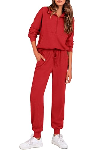 Image of PRETTYGARDEN Women 2 Piece Ribbed Knit Matching Lounge Sets | Comfy Sweat Track Suits, Athleisure Casual Outfit, Half Zip Sweatshirt & Jogger Pants, Fall Winter Clothes for Airport Travel