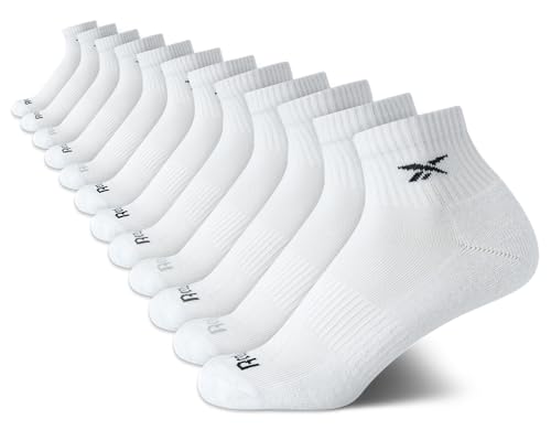 Reebok Girls' Quarter Socks - 12 Pack Stretch Performance Quarter Cut Arch Support Socks - Cushioned Athletic Socks for Girls, Size Large, All White