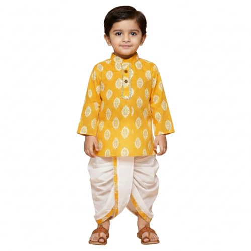 Image of Baby Ethnic Wear Festival Organic Cotton Soft and comfortable Dhoti Kurta Set Saraswati Puja Dress Panjabi for Kids Boy Girls
