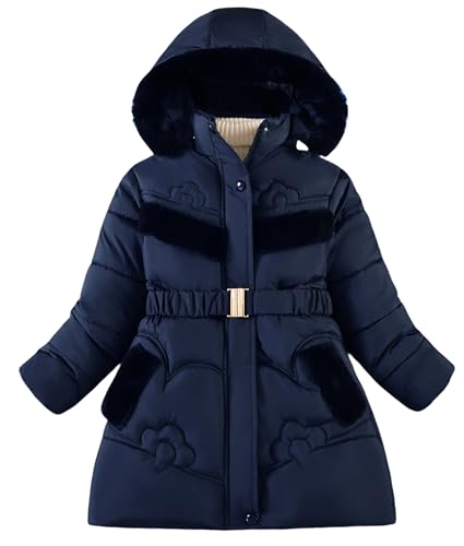 Kids Girls Winter Coats Heavyweight Fleece Lined Jackets Windproof Hooded Outerwear with Waist Belt 5-10 Years