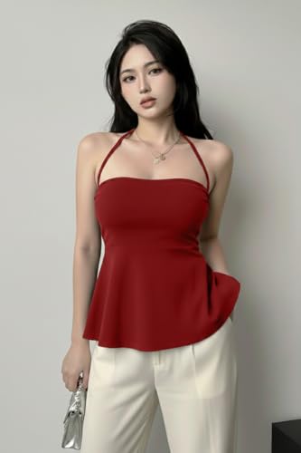 Image of TIVANTE Women's Halter Neck Peplum Top, Sleeveless Backless Fitted Top