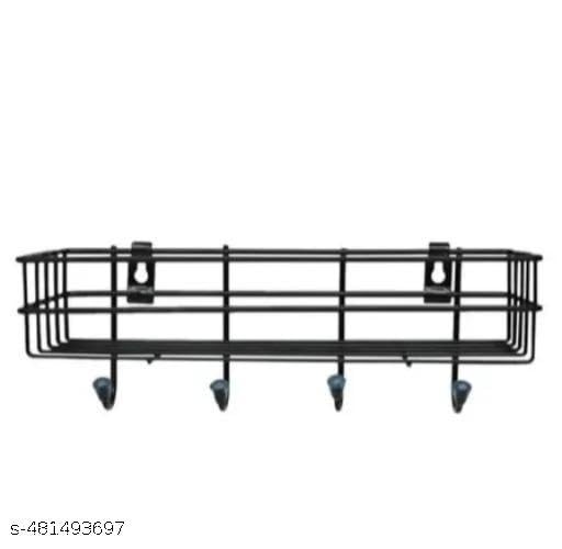 (Pack of 2) Steel Self-Adhesive Multipurpose Bathroom Shelf with Hooks/Towel Holder/Rack/Bathroom Accessories-Wall Mount - Pack of 2 (Black,Powder Coated) 2