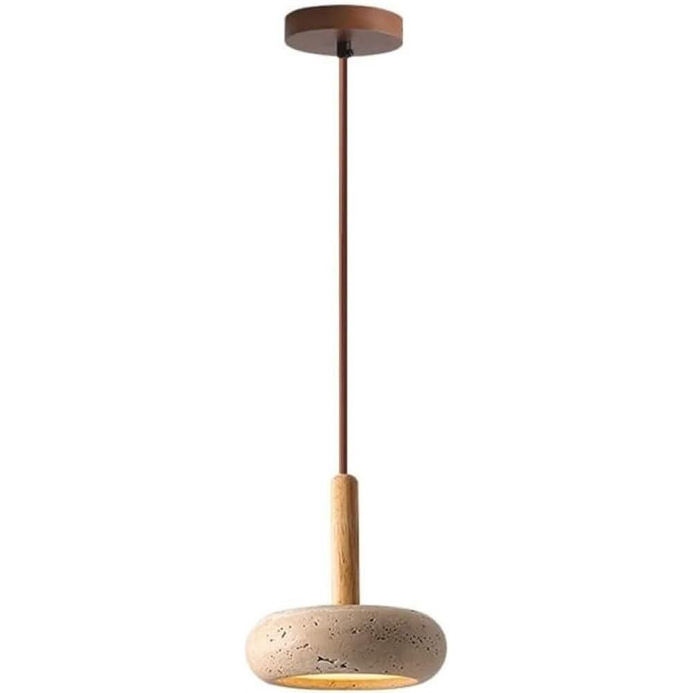 LYMSXAZOU Modern Minimalist Travertine Pendant Light with Wood Accent Adjustable Cord Stone Disc Hanging Lamp Contemporary Home Decor Chandelier for Kitchen Island Dining Room Bedside