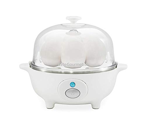 Elite Gourmet EGC-007 Rapid Egg Cooker, 7 Easy-To-Peel, Hard, Medium, Soft Boiled Eggs, Poacher, Omelet Maker, Auto Shut-Off, Alarm, 16-Recipe Booklet, White
