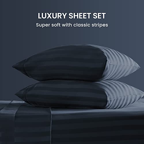 SLEEP ZONE Striped Cooling Sheets Set King Size - Fitted Flat Sheet & Pillowcase Sets 4 Piece - Super Soft Stripe Bed Sheet, Easy Care, Deep Pocket (Navy Blue, King)