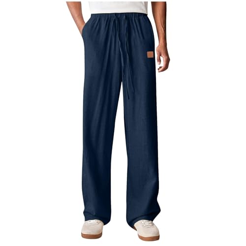 Men's Drawstring Cotton Linen Pants Lightweight Elastic Waist Sweatpants Casual Yoga Beach Pants with Pocket Loose