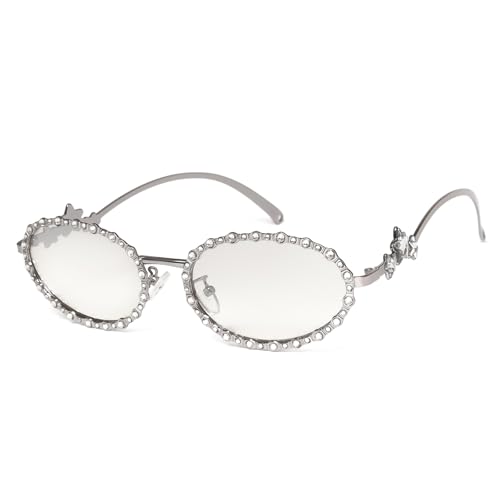 KENBO Petite Rhinestone Sunglasses for Women 90s Styles Bling Hippie Disco Trendy Sun Glasses Small Face