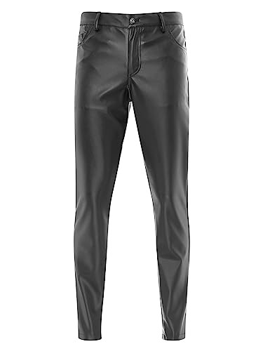 easyforever Men's Faux Leather Zipper Fly Pockets Pants Slim Fit Moto Biker Pants Clubwear 5