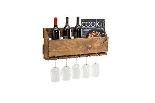 del Hutson Designs Wall Mounted The Little Elm Wine Rack with 4 Bottle 4 Long Stem Glass Holder, Walnut
