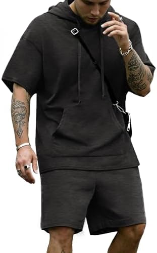 COOFANDY Men's Tracksuit 2 Piece Hooded Athletic Sweatsuit Short Sleeve Casual Sports Hoodie Shorts Set