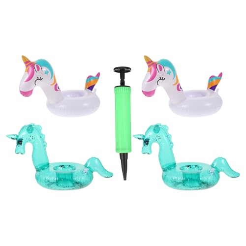 HOMSFOU Portavasos Inflables de PVC para Piscina 5 Piezas con Diseño de Unicornio y Arcoíris, Flotadores Creativos para Bebidas con Inflador, Ideales para Fiestas y Playa Reutilizable