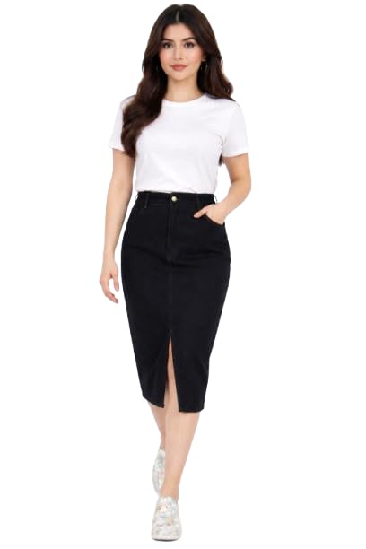 Women’s Black Denim Midi Length Skirt with Front Slit 50700-picture-34