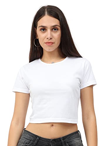 Image of FLEXIMAA Women's Cotton Plain Round Neck Half Sleeve Crop Top