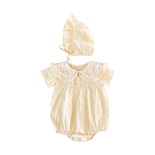 Image of Sanlutoz Princess Floral Newborn Baby Girls Bodysuits Cotton Summer Short Sleeve Girls Clothing Cute with Hat