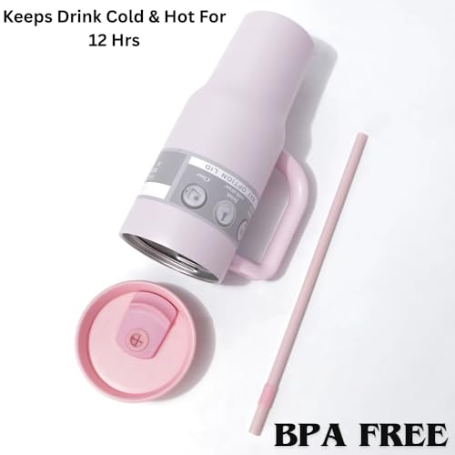 Image of HomeCloud 1200ml Insulated Coffee Tumbler with Lid - Double Wall Travel Mug for Hot & Cold Drinks, Leak-Proof, Durable, Portable, Stylish Stainless Steel Design (Pink with Pink Lid)