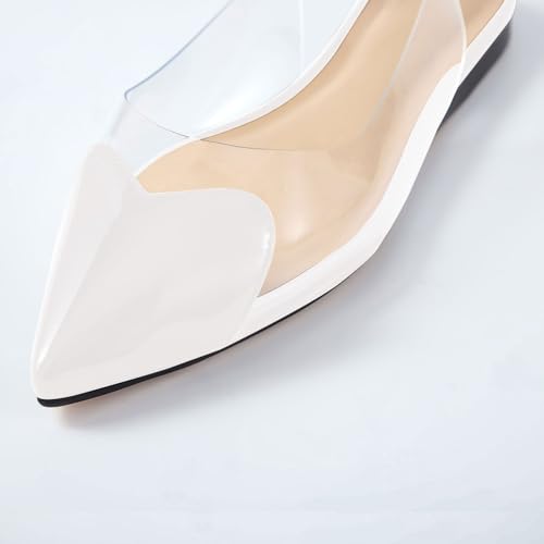 Wrynthevia VogueVent Women's Fashion Pointed Toe Heart Transparent PVC Slingback Flat Shoes Comfort Slip On Cap Toe Clear Ballet Flats Work Wedding Dress Flat Shoes for Women White Size 7.53