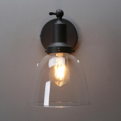 Image of PERMO Industrial Sconces Slope Pole Sconce with 6.7 inch Oval Dome Clear Glass Shade Matte Black Wall Sconce Wall Mount Light Fixture for Bathroom Bedroom Entryway Home Office Kitchen