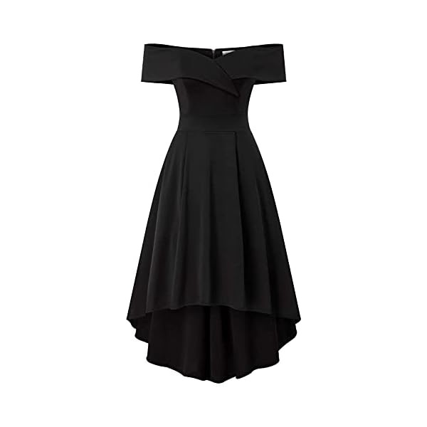 JASAMBAC-Womens-Off-Shoulder-High-Low-A-Line-Wedding-Guest-Party-Cocktail-Dress Skater Dress for Women Short Sleeve Off Shoulder Formal Homecoming Vintage A Line Dresses with Pockets Black L