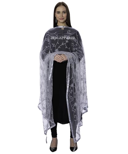 Image of ZEN APPAREL Women's Embroidered Net Dupatta with Lace Borders (Z-101) Premium Net Fabric Golden Aari Work