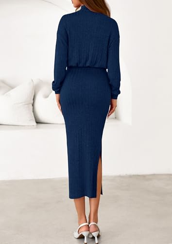 PRETTYGARDEN Turtle Neck Dresses for Women 2025 Fall Knit Outfits Slit Elastic Waist Long Sleeve Bodycon Midi Sweater Dress4