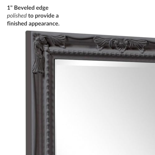Image of Howard Elliott Collection Queen Ann Rectangular Glossy Charcoal Wall Mirror, Rectangle Hanging Wood Framed Vanity Mirrors for Home Decor, Living Room, Bathroom, Bedroom, or Hallway, 24 x 36 Inch