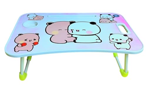 Image of Foldable Kids Study Table - Portable Multipurpose Bed Desk with Cup Holder & Handle, Cartoon Dudu and Bubu Design for Study, Drawing, Reading, Eating, Writing