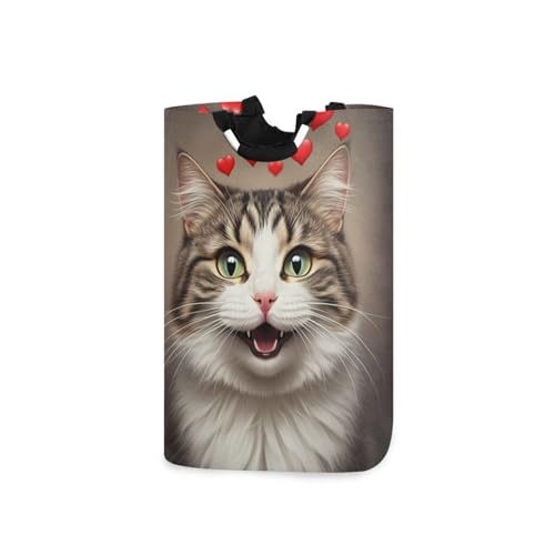 Jihqo Laundry Hamper Basket Smile Cat Red Hearts Collapsible Nursery Storage Bin Waterproof Clothing Baskets for Home Bedroom Bathroom Washing Room
