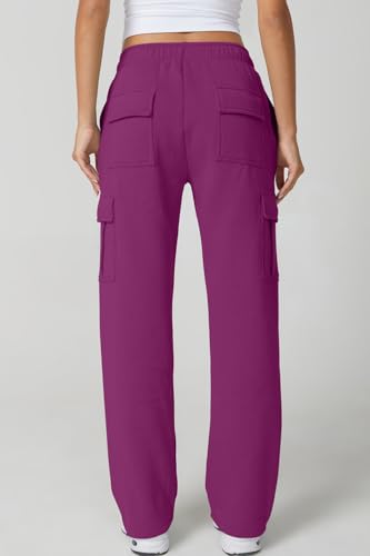 Image of QINSEN Baggy Medium Waist Elastic Sweatpants for Womens Casual Long Fleece Cargo Pants with Pockets