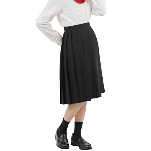 [Eiza] プリーツスカート 無地 学生 制服 車ヒダ スクールユニフォーム 女子高生 中学 e210 (XL, ブラック 60cm)