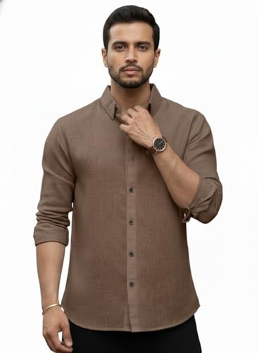 Image of Men's Solid Linen Cotton Shirt | Casual Style | Plain Design | Full Sleeve | Summer Regular Fit | Stylish Shirt for Men | Formal Wear