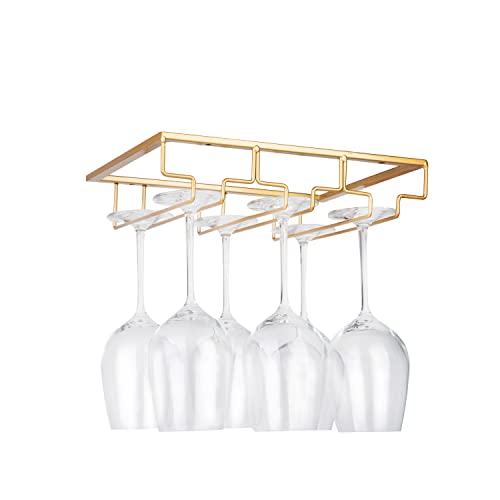 FOMANSH Support de Verre à Vin - Porte-Verres à Pied Suspendu sous Armoire en Métal avec Vis, Support de Rangement pour Verre en Fer Inoxydable avec 3 Rangées pour Cuisine, Bar, Restaurant Doré