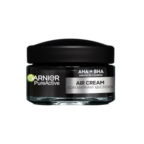 Garnier Pure Active - Air Cream - Soin Matifiant Quotidien - Enrichie en AHA + BHA & en Charbon - Hydrate 48h & Matifie 12h* - Peaux Mixtes à Grasses à...
