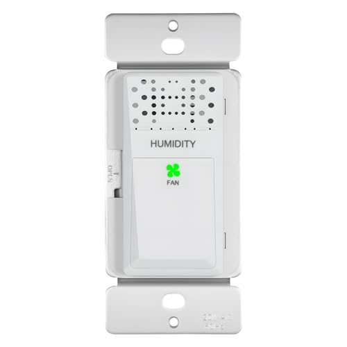 Humidity Sensor Switch for Bathroom Fan with Wall Plate, Automatic On/Off Control, Single Pole, 120VAC 60Hz, 20-Min Delay Timer, Quiet Energy-Saving Moisture Sensor Switch for Laundry ETL Certified