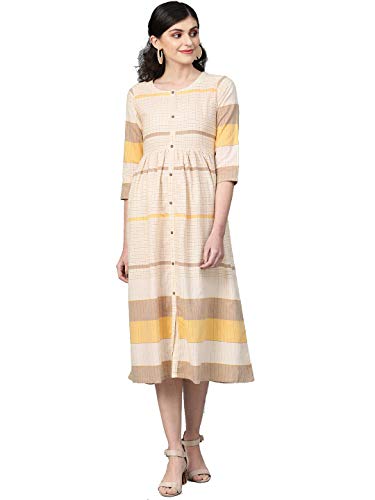 Hiral Designer Mall Womens Anarkali Long Tunic Top A-Line Kurti Cotton Rayon Party wear Indian Dress (Medium, Cream & Mustard Yellow)