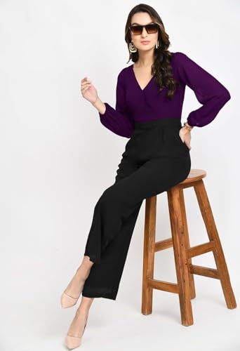 Image of V&M Women's Black V-Neck Jumpsuit | Full Sleeve Straight-Leg One-Piece with Side Pockets | Elegant Western for Office, Party & Evening Outfits