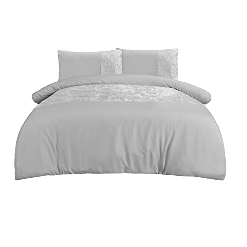 Sleepdown Juego de Funda de edredón de Terciopelo con Banda de Panel Plateada, Suave y acogedora, con Fundas de Almohada, 260 x 230 cm, matrimonio grande