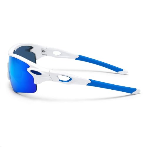 Image of Cycling Goggles for Men & Women | Sports Goggles UV400 Protection | Oversized Sports Sunglasses for Cricket, Running, Driving, Fishing, Hiking & Outdoor Activities (White : Blue stick)