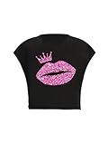 GORGLITTER Women's Graphic Print Cap Sleeve Crop Top Casual Round Neck Short Sleeve T-Shirt Black and Pink Lip Print Medium