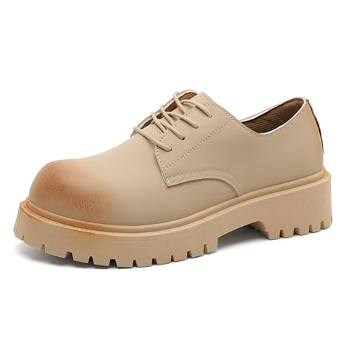 Men's British Style Genuine Leather Oxford Shoes Chunky Heel Platform Lace Up Round Toe Non-Slip Lug Sole for Business Office Formal Weddings Casual Daily Walking