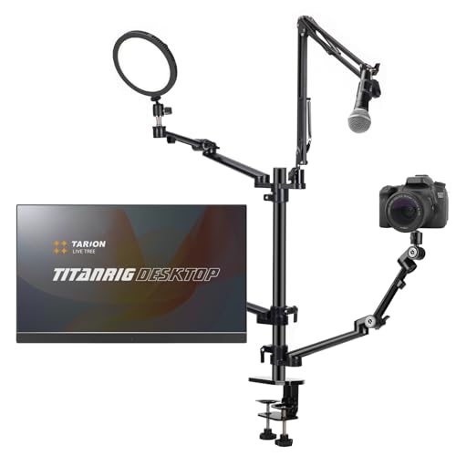 TARION Support de Bureau 4 en 1 pour Caméra en Streaming avec Perche Micro + 3 Bras Articulés - Compatible Ring Light Moniteur/Ordinateur - TitanRig